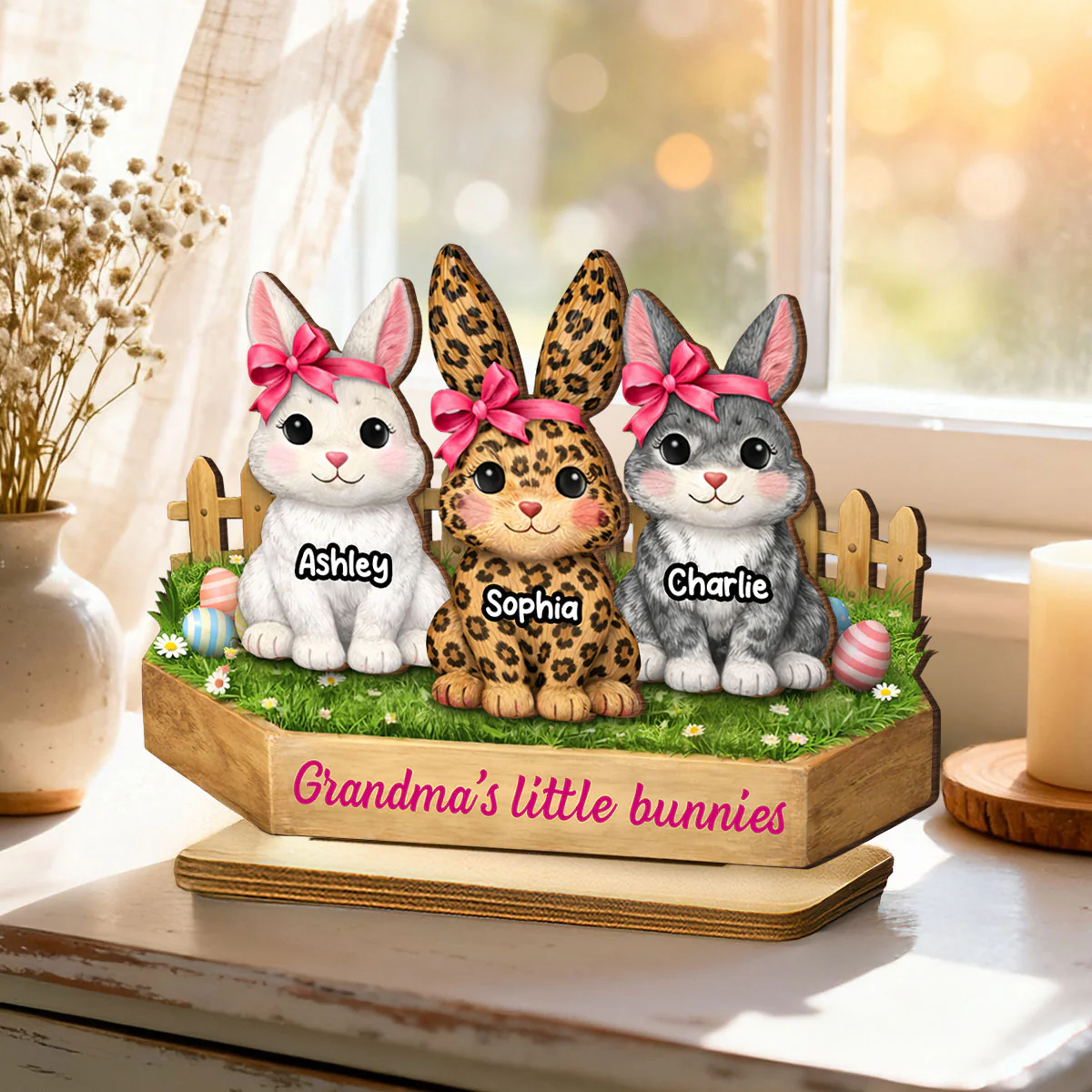 Grandma's Little Bunnies Coquette - Personalized 2-Layered Wooden Plaque - Easter Gift for Grandma, Farmhouse Tiered Tray Decor - Image 2