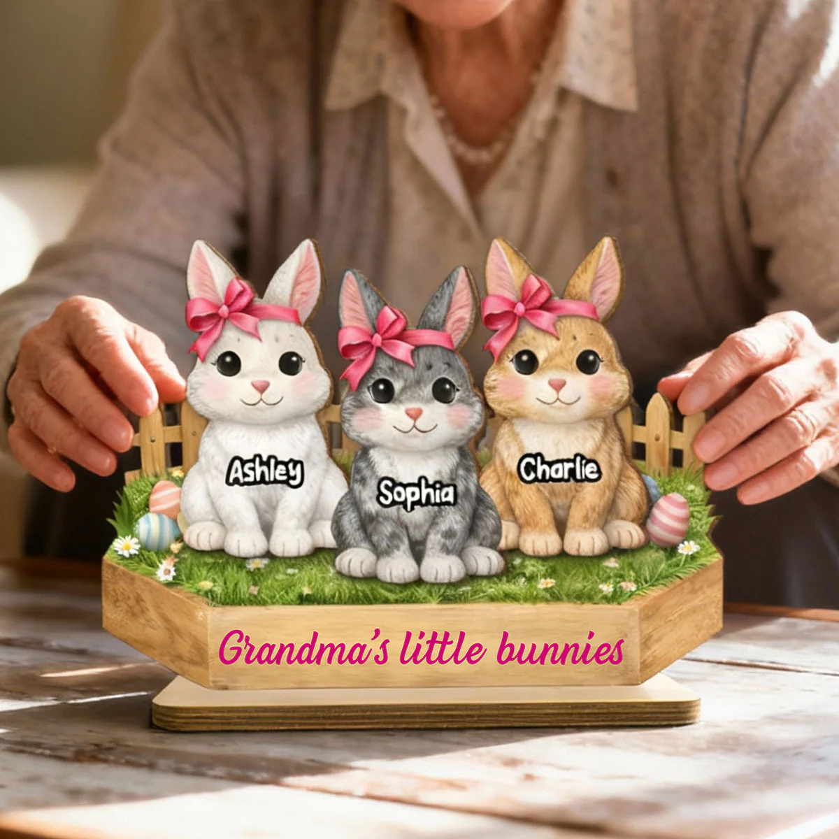 Grandma's Little Bunnies Coquette - Personalized 2-Layered Wooden Plaque - Easter Gift for Grandma, Farmhouse Tiered Tray Decor - Image 3