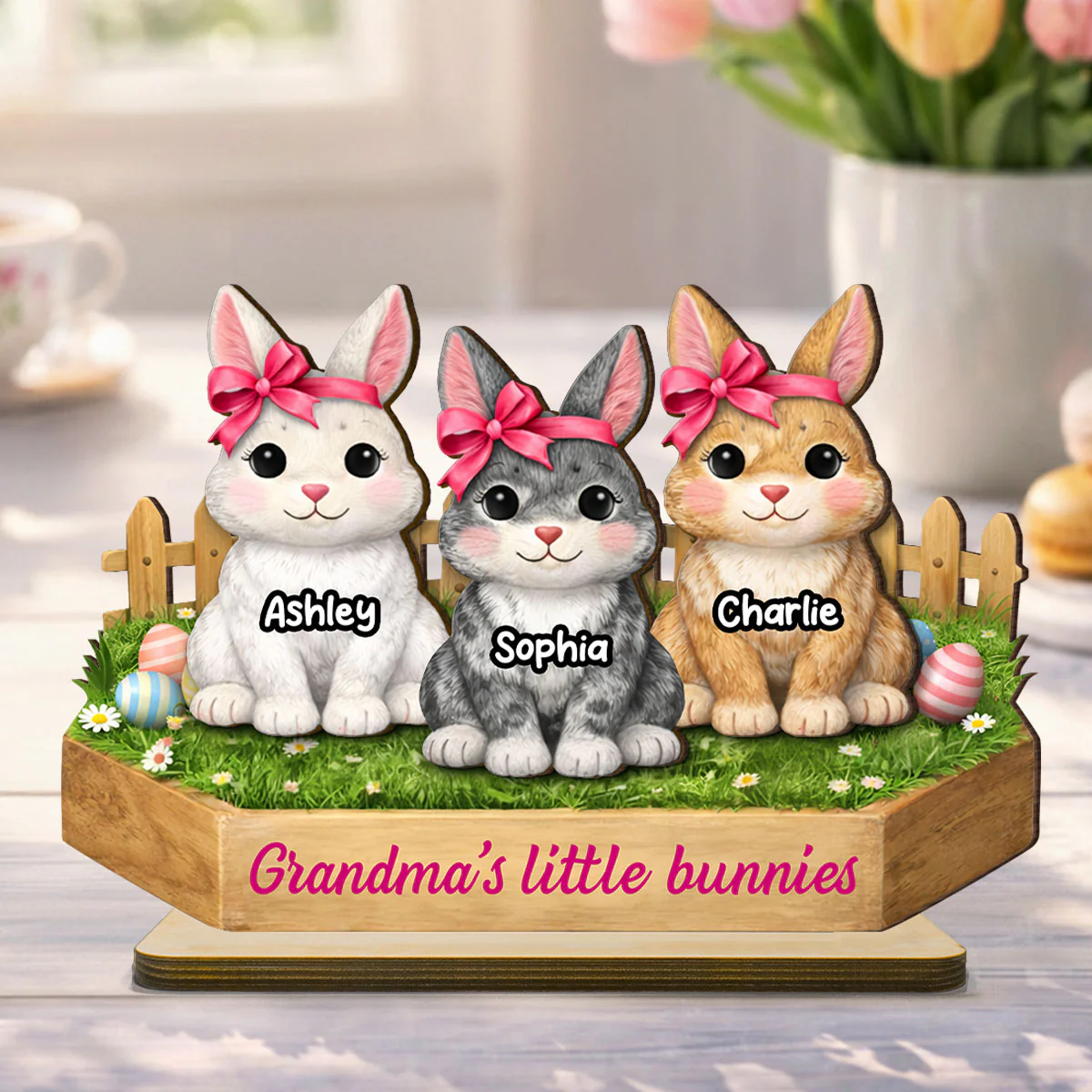 Grandma's Little Bunnies Coquette - Personalized 2-Layered Wooden Plaque - Easter Gift for Grandma, Farmhouse Tiered Tray Decor - Image 5