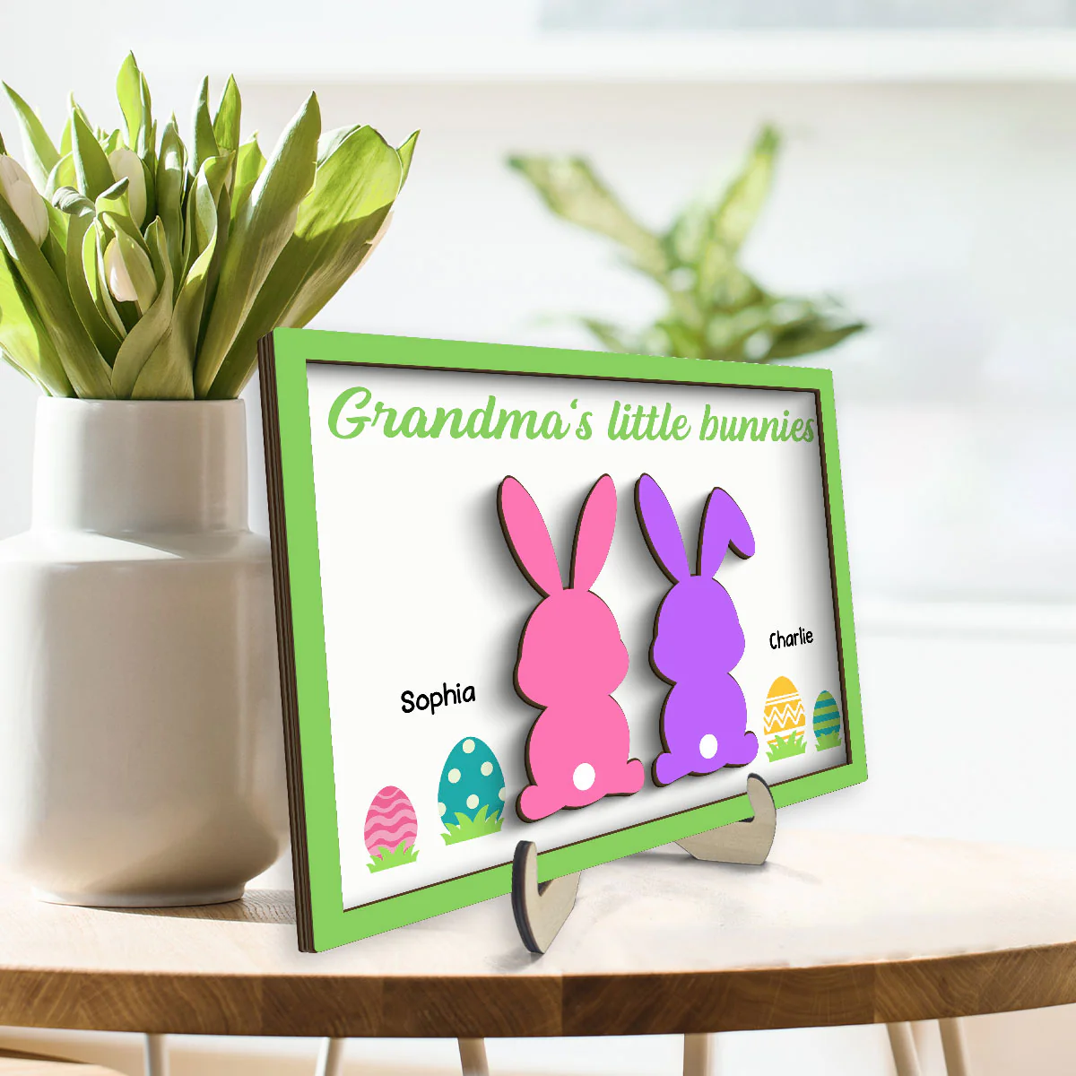 Grandma‘s Little Bunnies Easter Gift Home Decor Personalized 2-Layer Wooden Plaque - Image 3