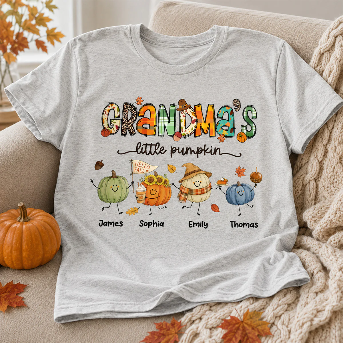 Grandma's Little Pumpkins Cute Doodle Pumpkins - Personalized Shirt - Fall Season Gift For Grandma, Mom - Image 2