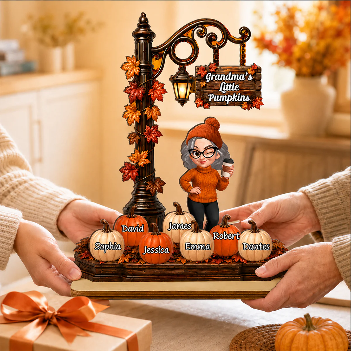 Grandma's Little Pumpkins Lamp Post - Personalized 2-Layered Wooden Plaque - Fall Season Decor Gift, Gift For Grandma - Image 3