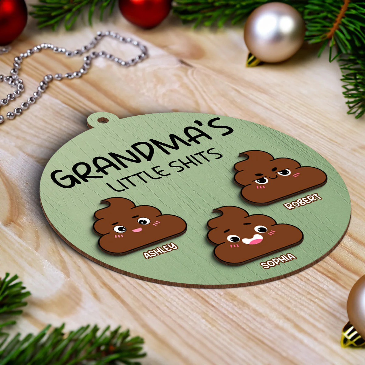 Grandma's Little Shit Personalized 2-Layer Wooden Ornament, Christmas Gift For Granddaughter Grandson Grandkids - Image 5
