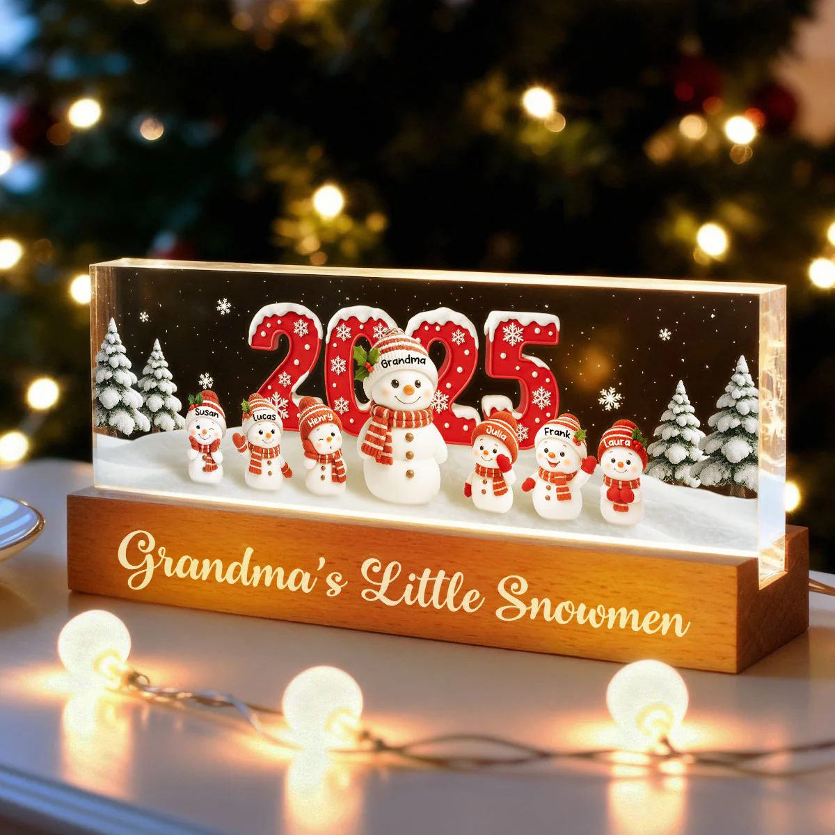 Grandma's Little Snowmen - Personalized Acrylic Block LED Night Light - Christmas Gift for Grandma - Image 4
