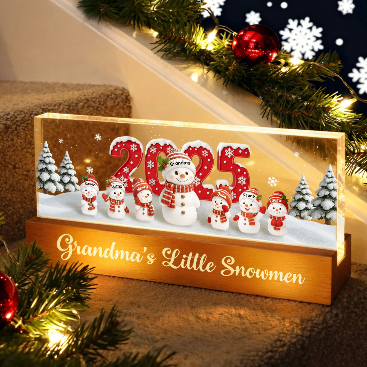 Grandma's Little Snowmen - Personalized Acrylic Block LED Night Light - Christmas Gift for Grandma - Image 5