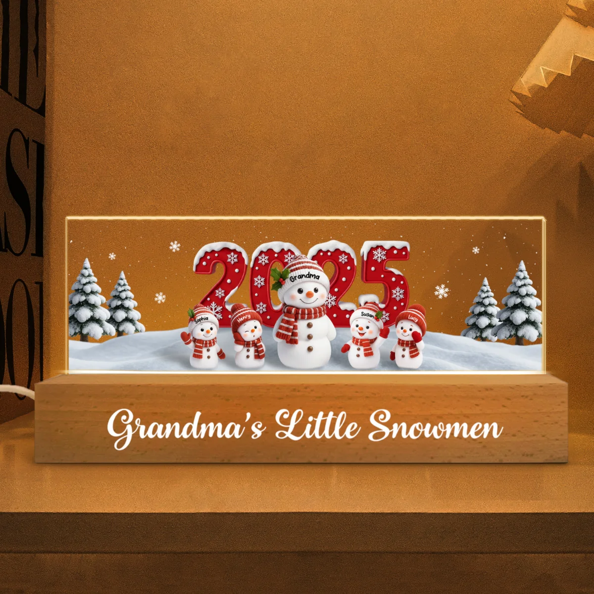 Grandma's Little Snowmen - Personalized Acrylic Block LED Night Light - Christmas Gift for Grandma - Image 8