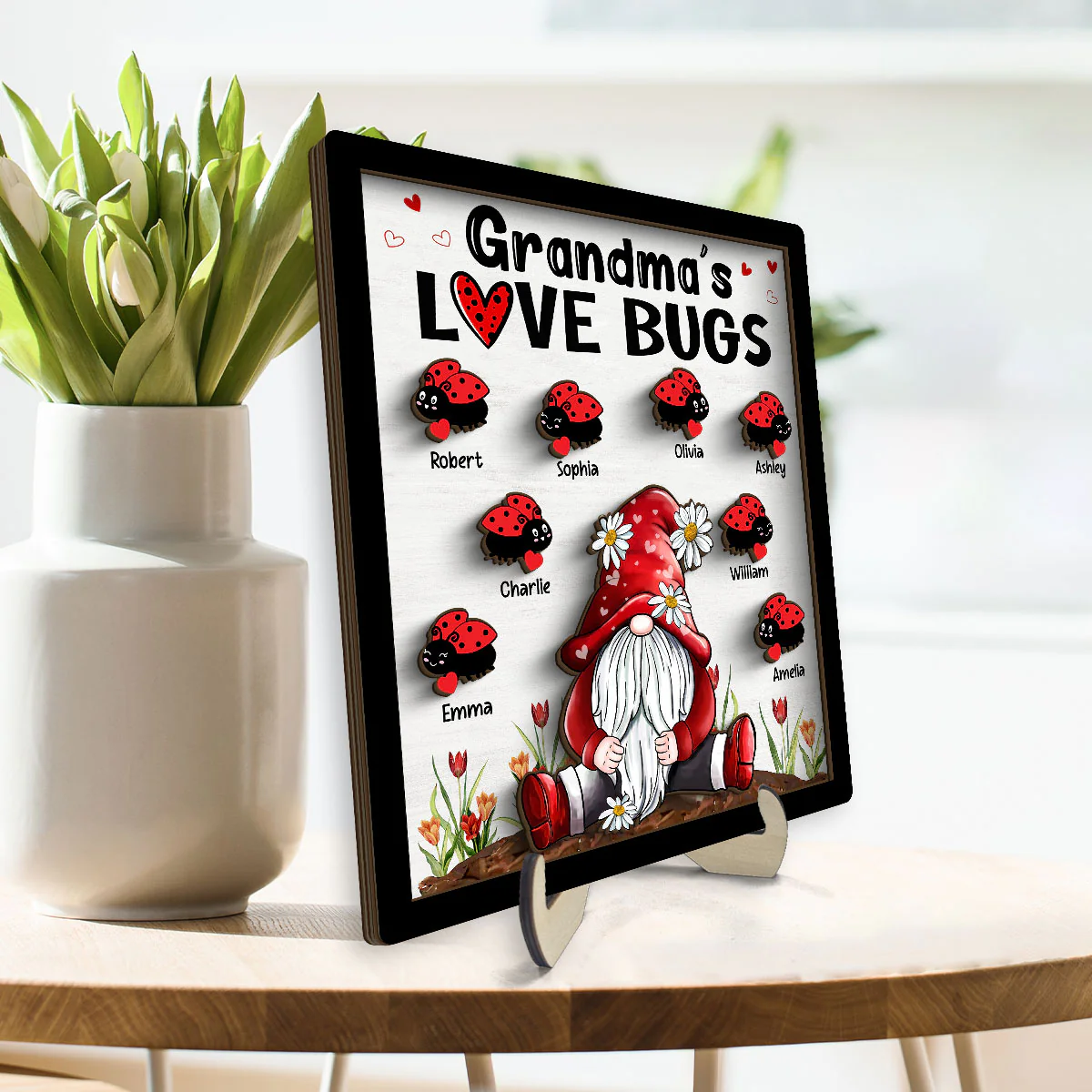 Grandma‘s Love Bugs Gnome Personalized 2-Layer Wooden Plaque - Image 3