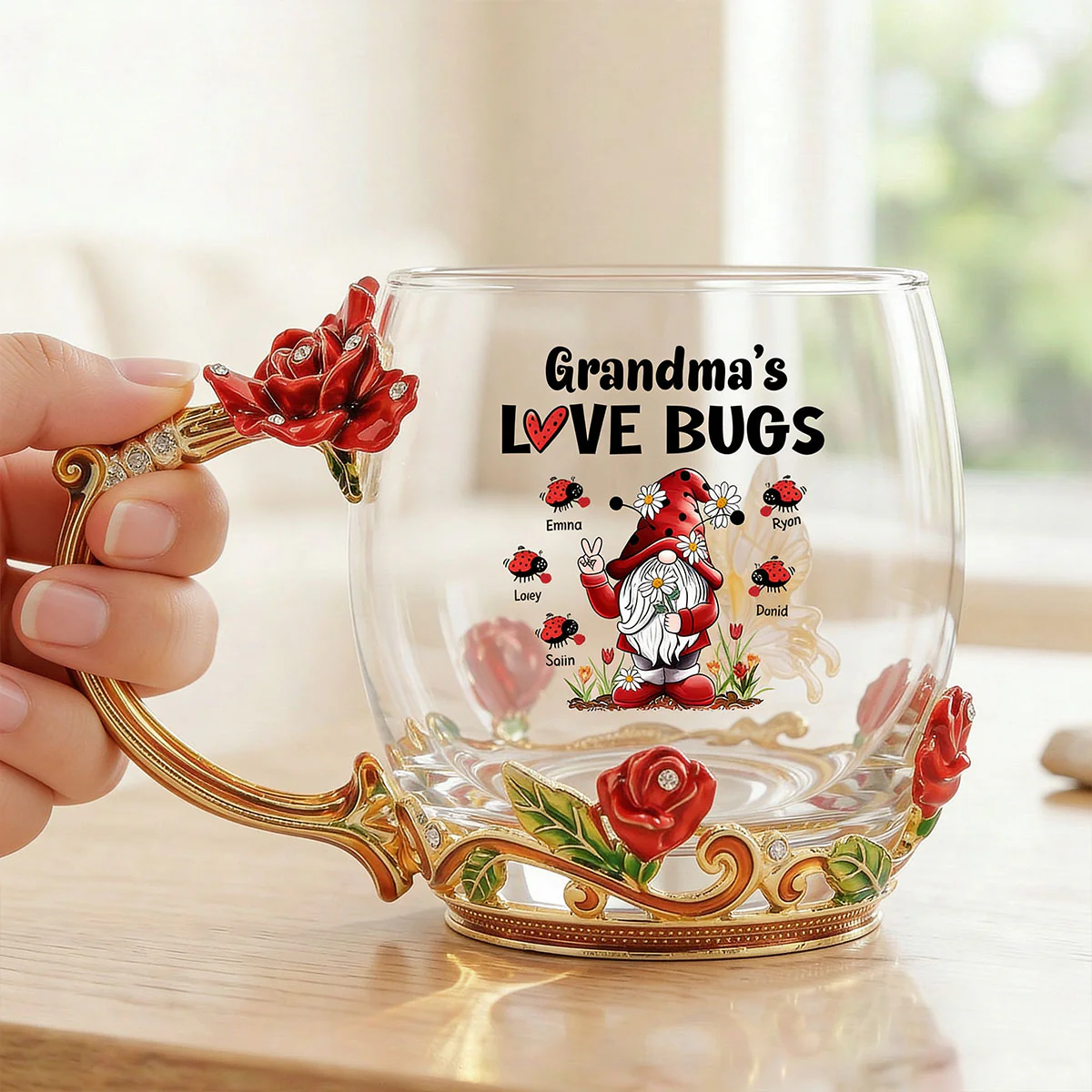 Grandma's Love Bugs - Personalized Enamel Flower Tea Cup - Gift For Grandma, Mom - Image 2