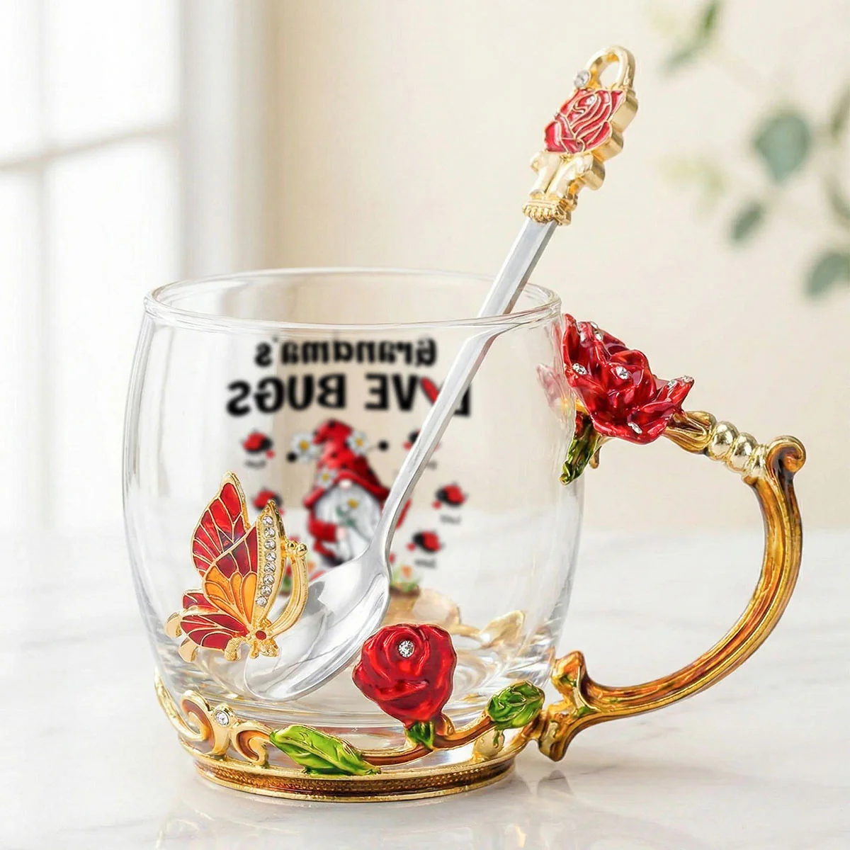 Grandma's Love Bugs - Personalized Enamel Flower Tea Cup - Gift For Grandma, Mom - Image 3