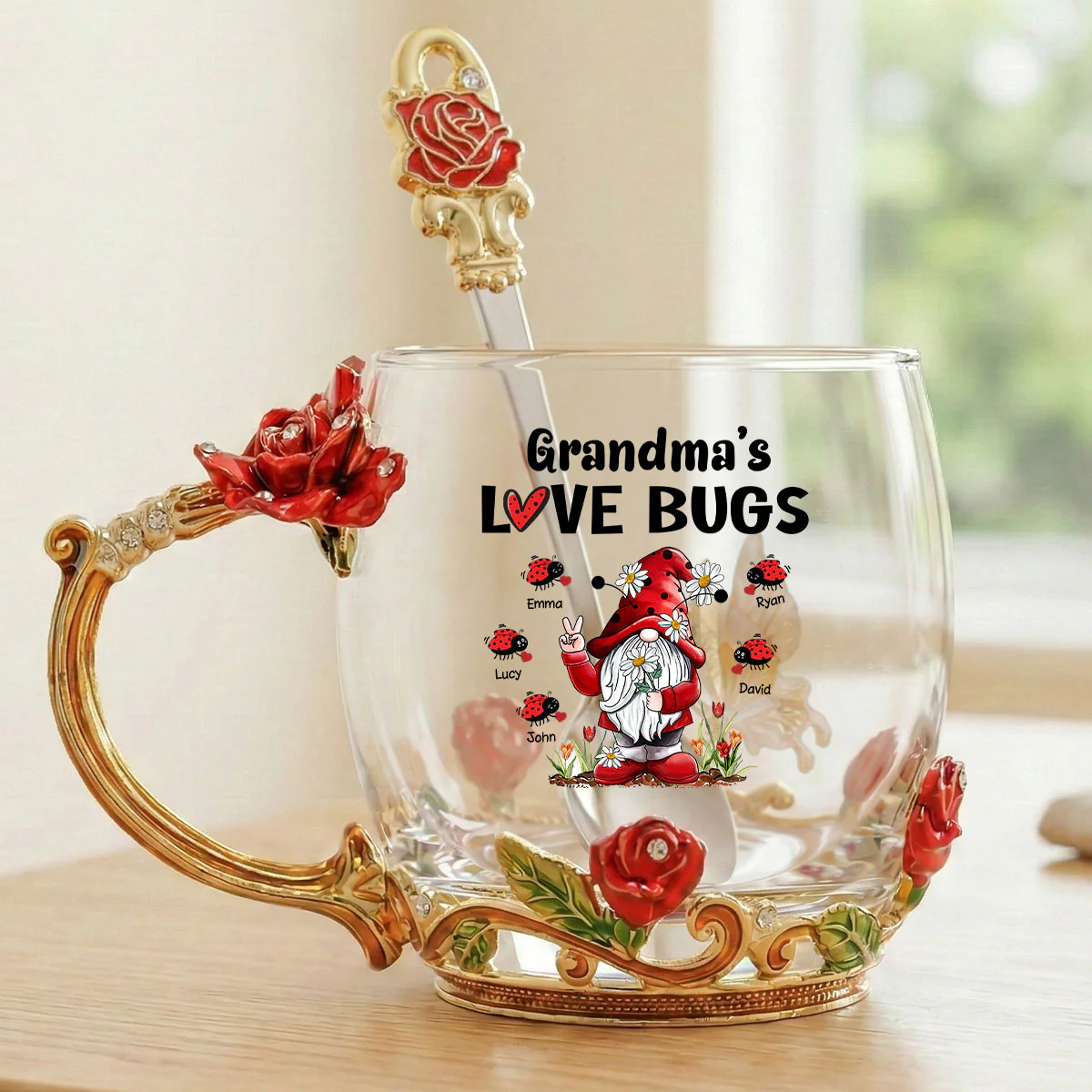 Grandma's Love Bugs - Personalized Enamel Flower Tea Cup - Gift For Grandma, Mom - Image 4