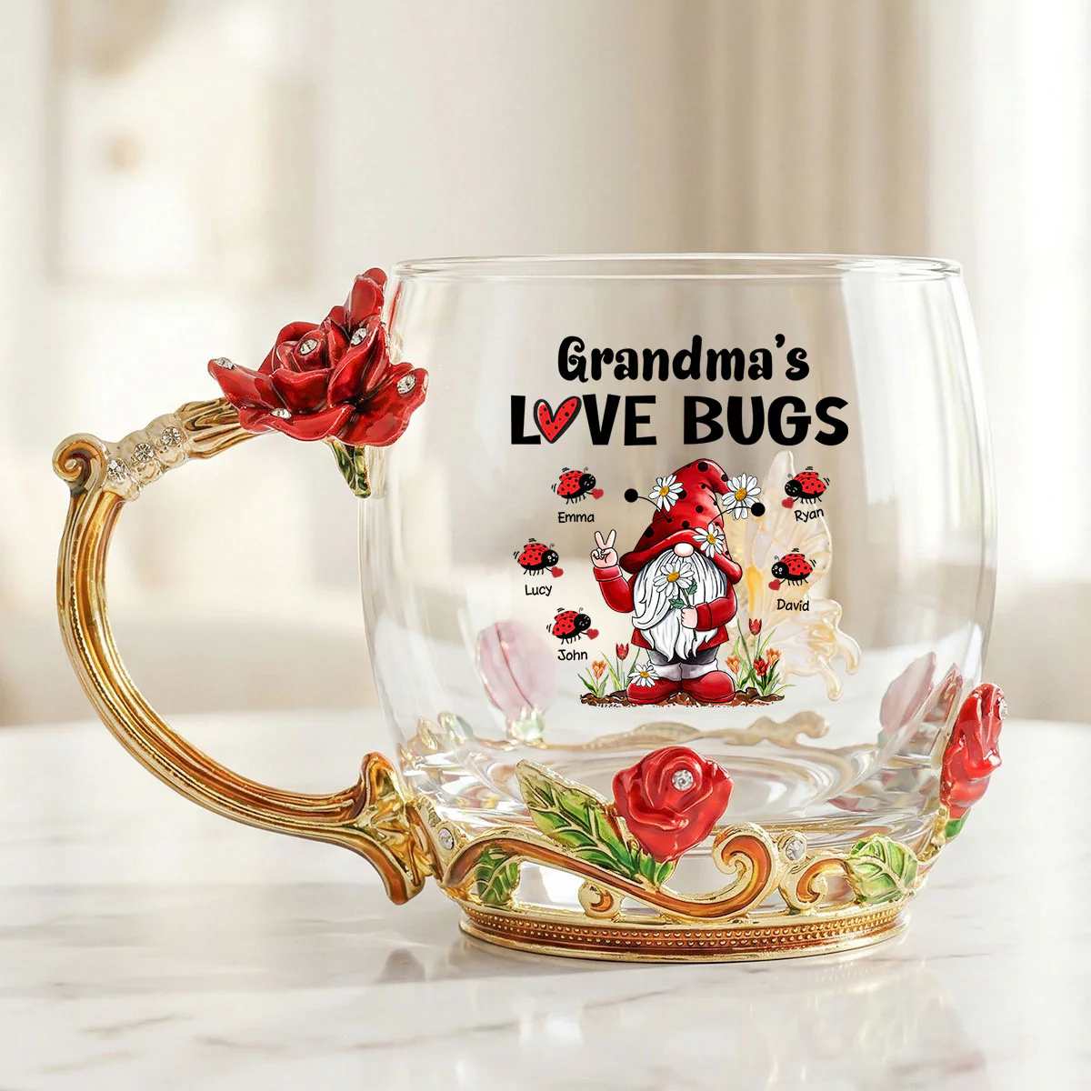 Grandma's Love Bugs - Personalized Enamel Flower Tea Cup - Gift For Grandma, Mom - Image 5