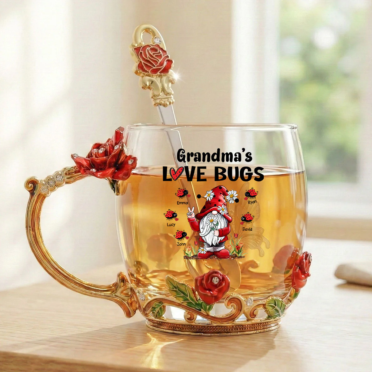 Grandma's Love Bugs - Personalized Enamel Flower Tea Cup - Gift For Grandma, Mom - Image 7