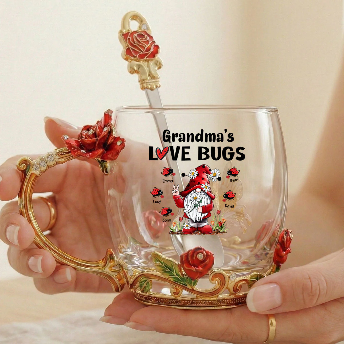 Grandma's Love Bugs - Personalized Enamel Flower Tea Cup - Gift For Grandma, Mom - Image 8