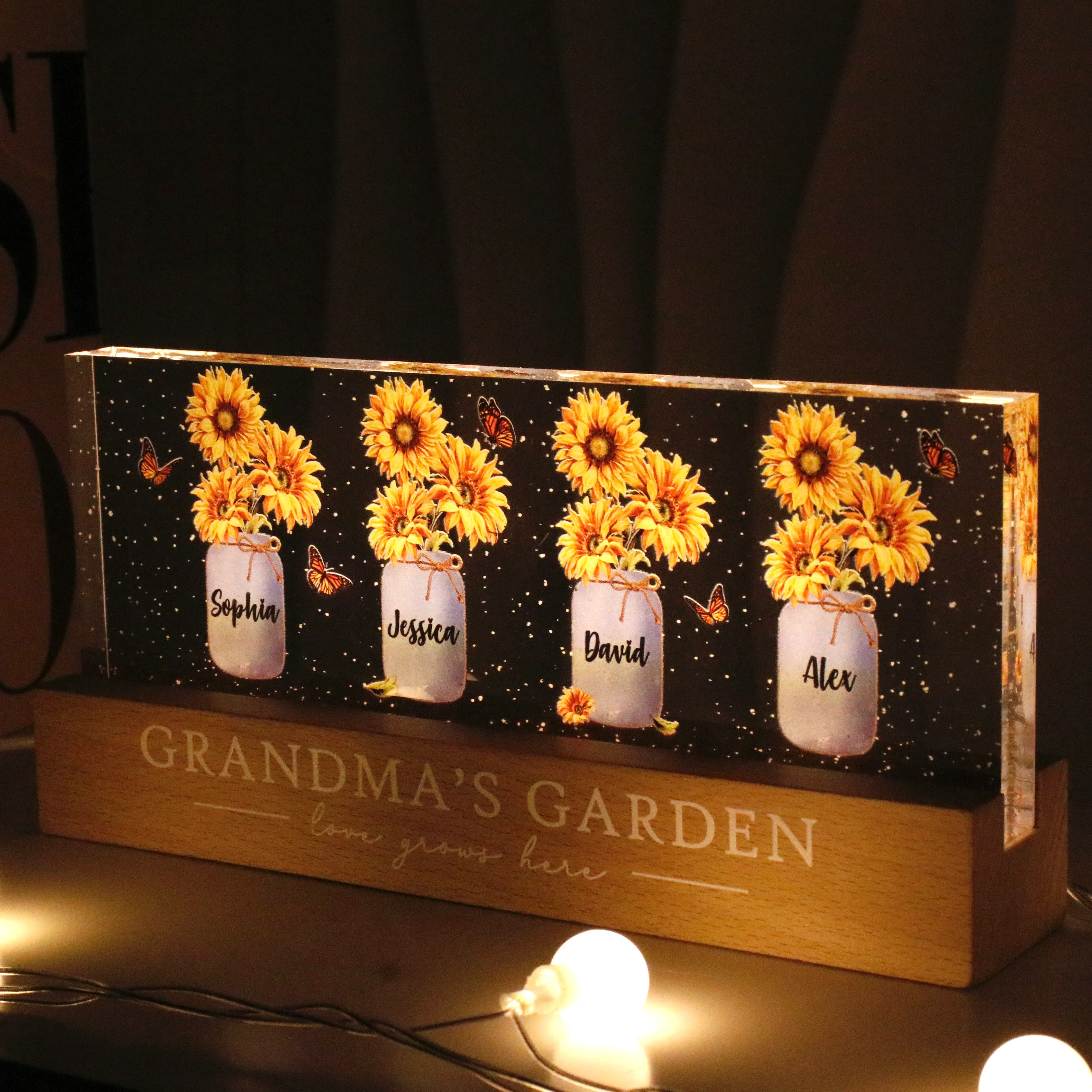 Grandma‘s Mom Garden Sunflower Personalized Acrylic Block LED Night Light - Image 2