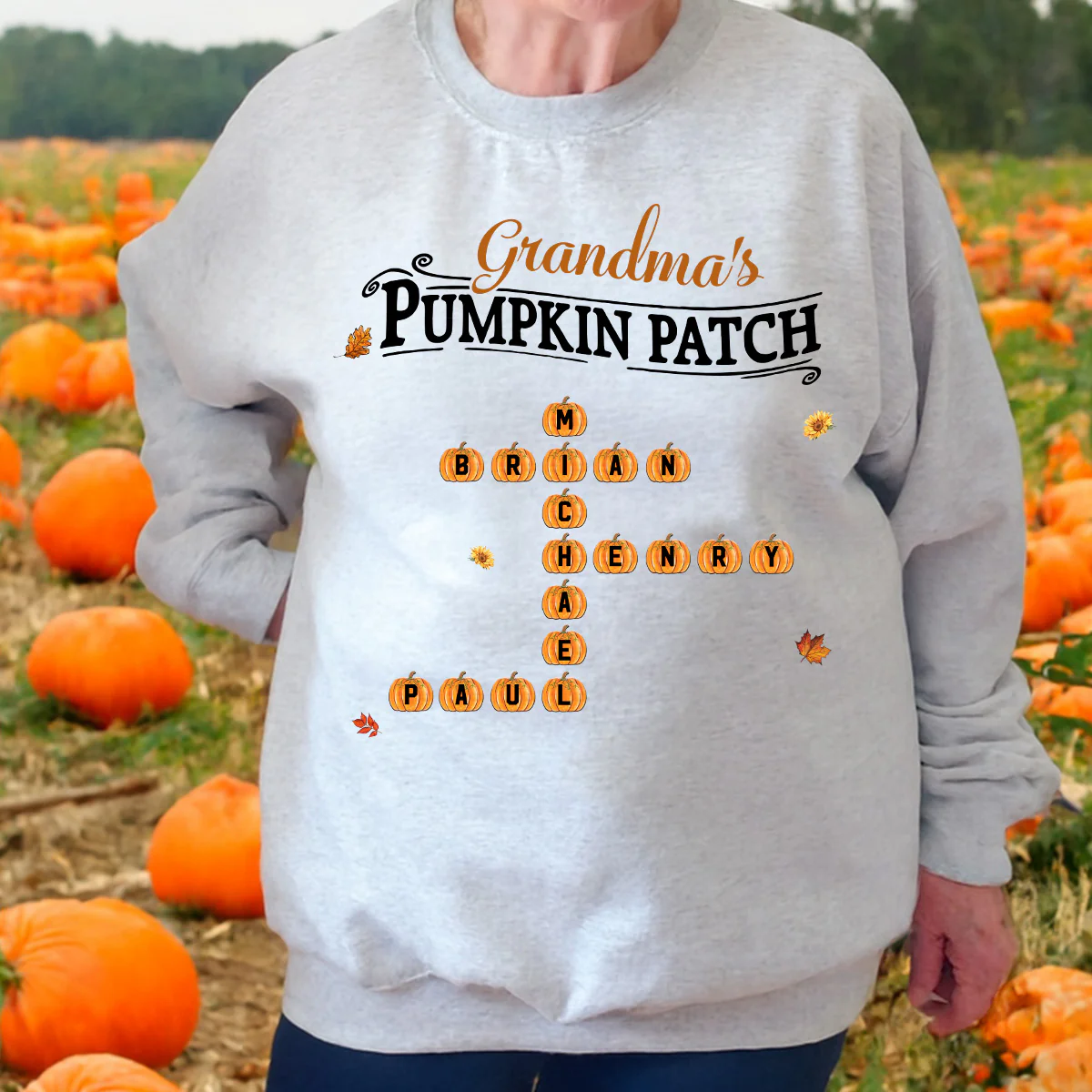 Grandma's Pumpkin Patch Cute Crossword Puzzle Fall Season Personalized Sweatshirt - Image 6