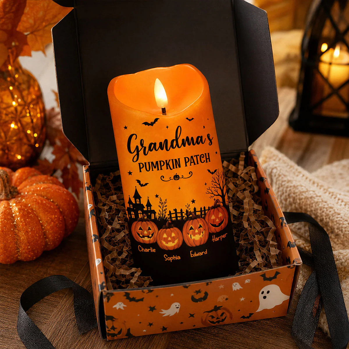 Grandma's Pumpkin Patch Jack-o'-lantern Pumpkins - Personalized LED Candle - Perfect Halloween Decor For Grandma - Image 2