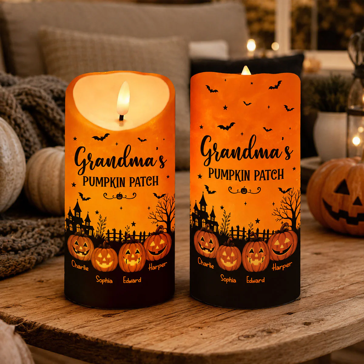 Grandma's Pumpkin Patch Jack-o'-lantern Pumpkins - Personalized LED Candle - Perfect Halloween Decor For Grandma - Image 3