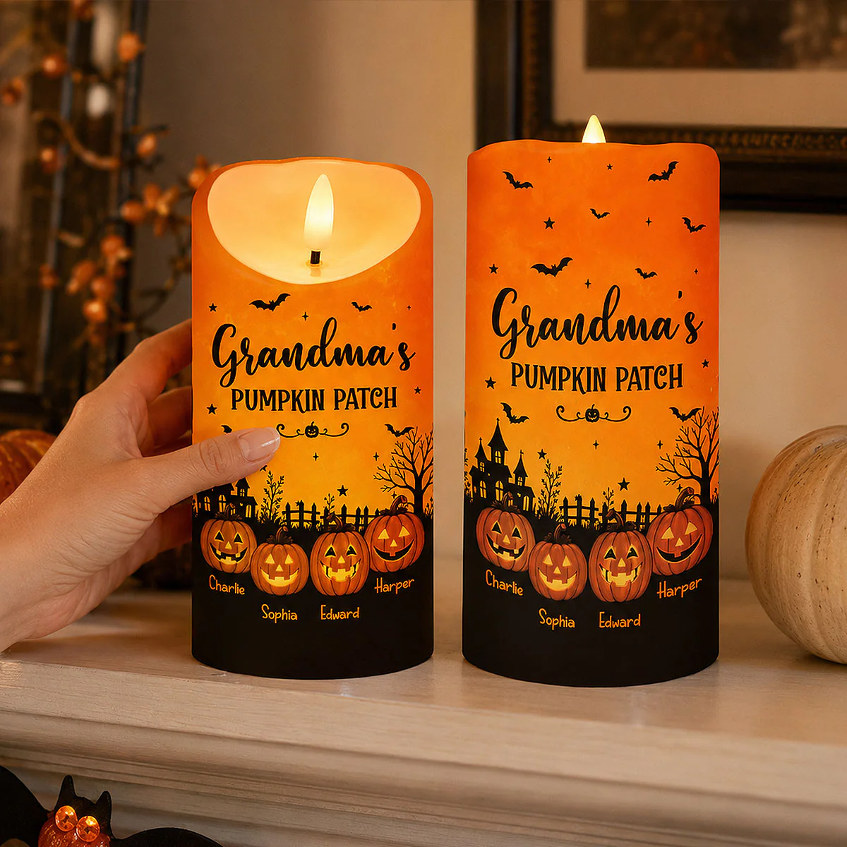 Grandma's Pumpkin Patch Jack-o'-lantern Pumpkins - Personalized LED Candle - Perfect Halloween Decor For Grandma - Image 4