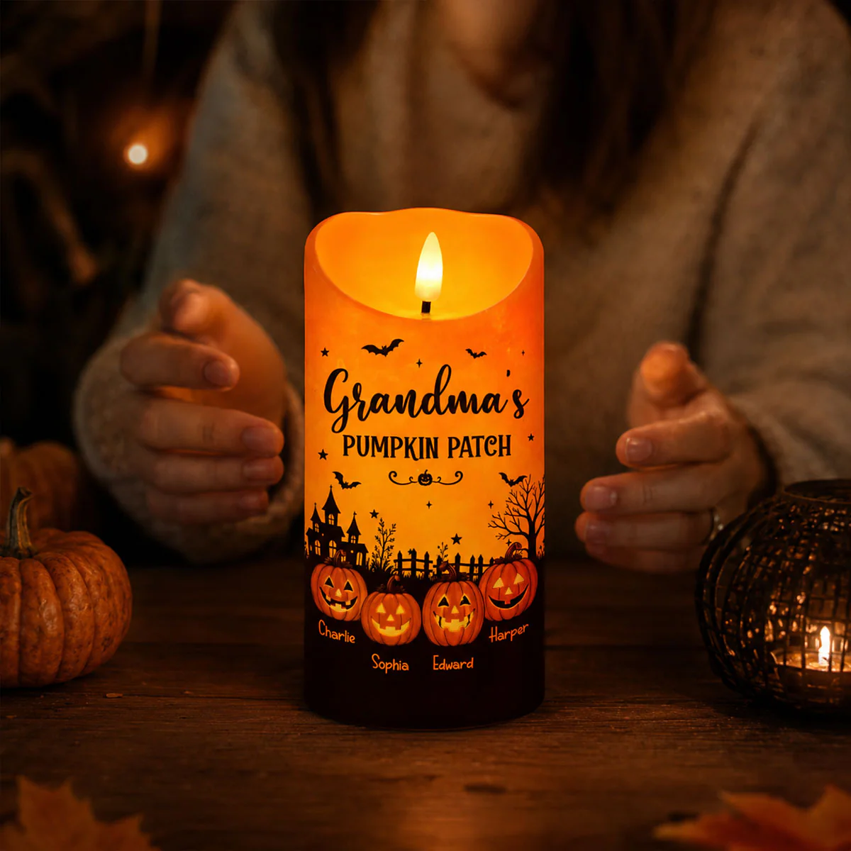 Grandma's Pumpkin Patch Jack-o'-lantern Pumpkins - Personalized LED Candle - Perfect Halloween Decor For Grandma - Image 5