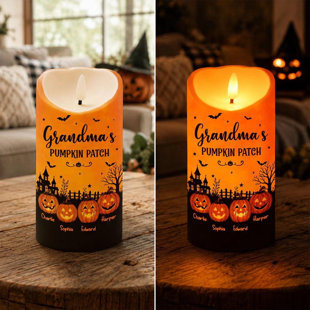 Grandma's Pumpkin Patch Jack-o'-lantern Pumpkins - Personalized LED Candle - Perfect Halloween Decor For Grandma - Image 7