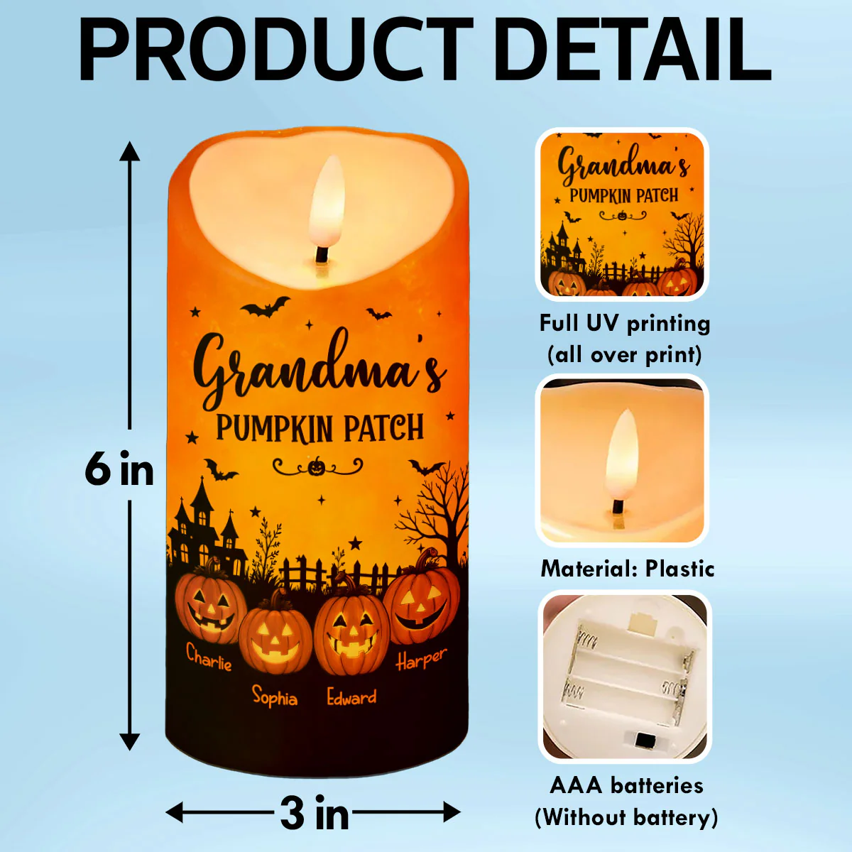 Grandma's Pumpkin Patch Jack-o'-lantern Pumpkins - Personalized LED Candle - Perfect Halloween Decor For Grandma - Image 8