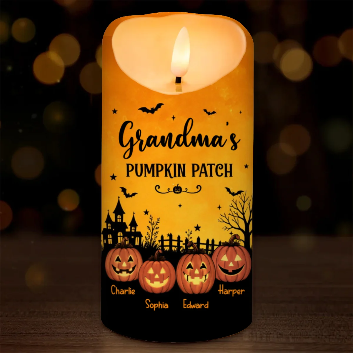 Grandma's Pumpkin Patch Jack-o'-lantern Pumpkins - Personalized LED Candle - Perfect Halloween Decor For Grandma - Image 9