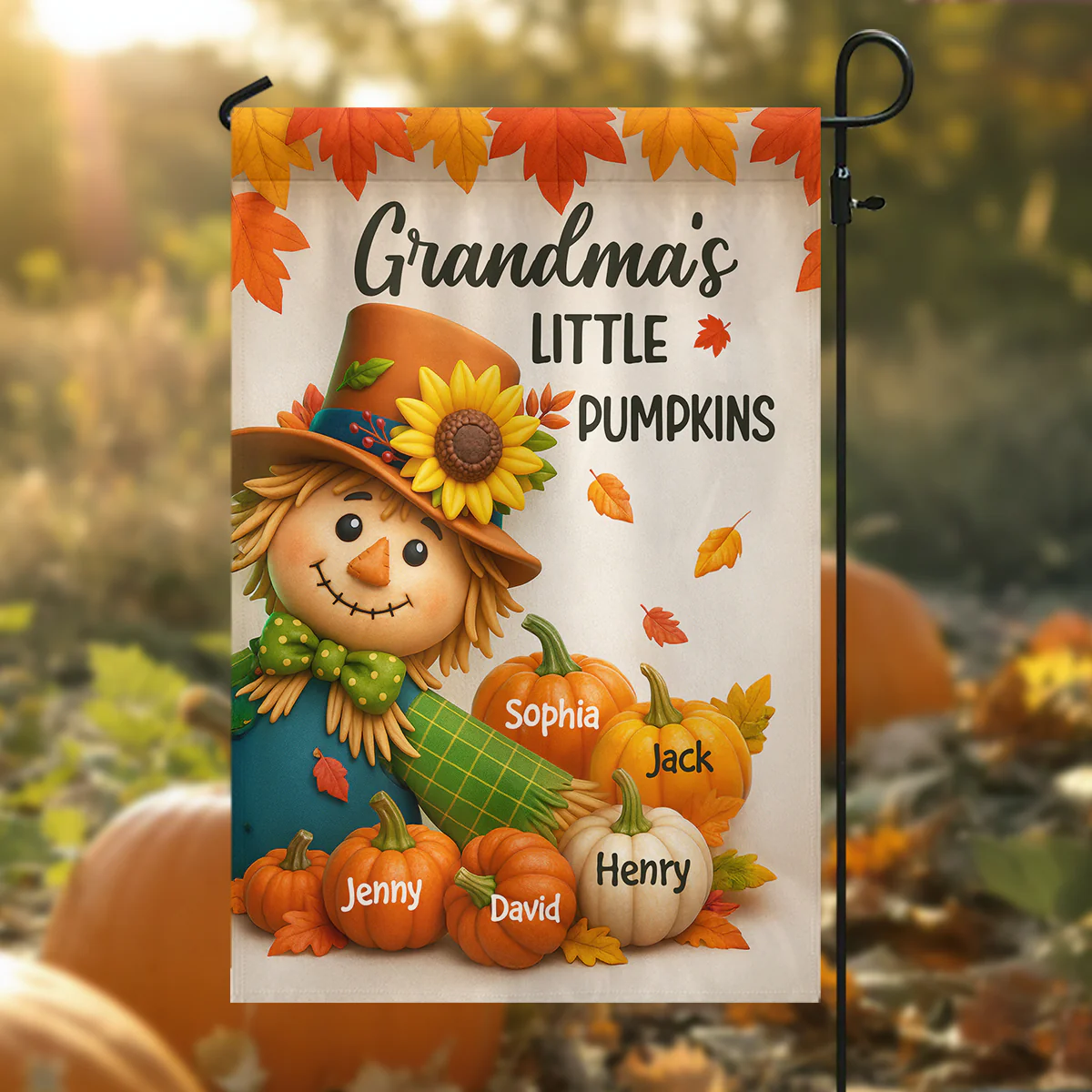 Grandma's Pumpkin Patch Scarecrow Personalized Garden Flag, Cozy Fall Decor for Grandma - Image 2
