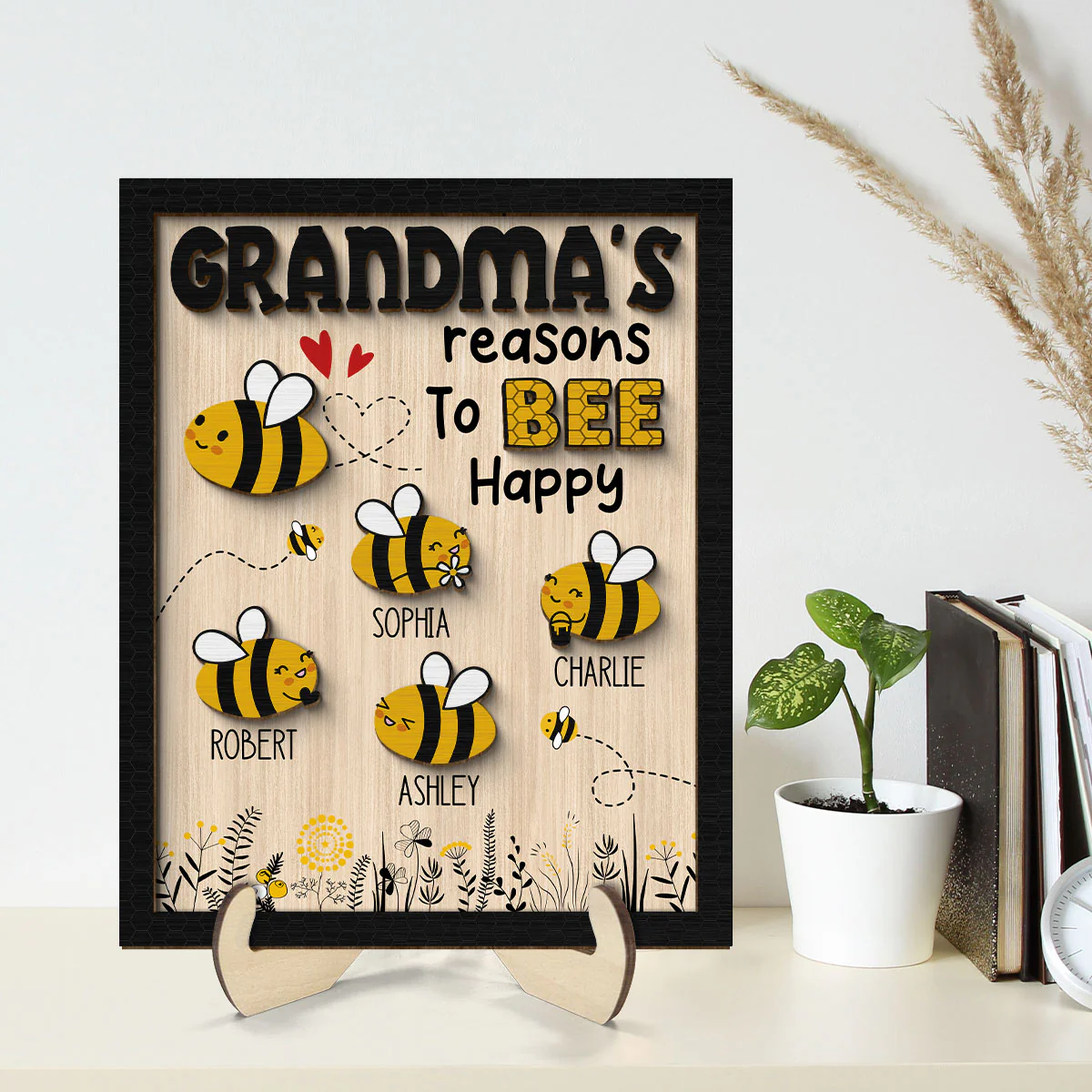 Grandma‘s Reason To Bee Happy Personalized 2-layer Wooden Plaque - Image 2