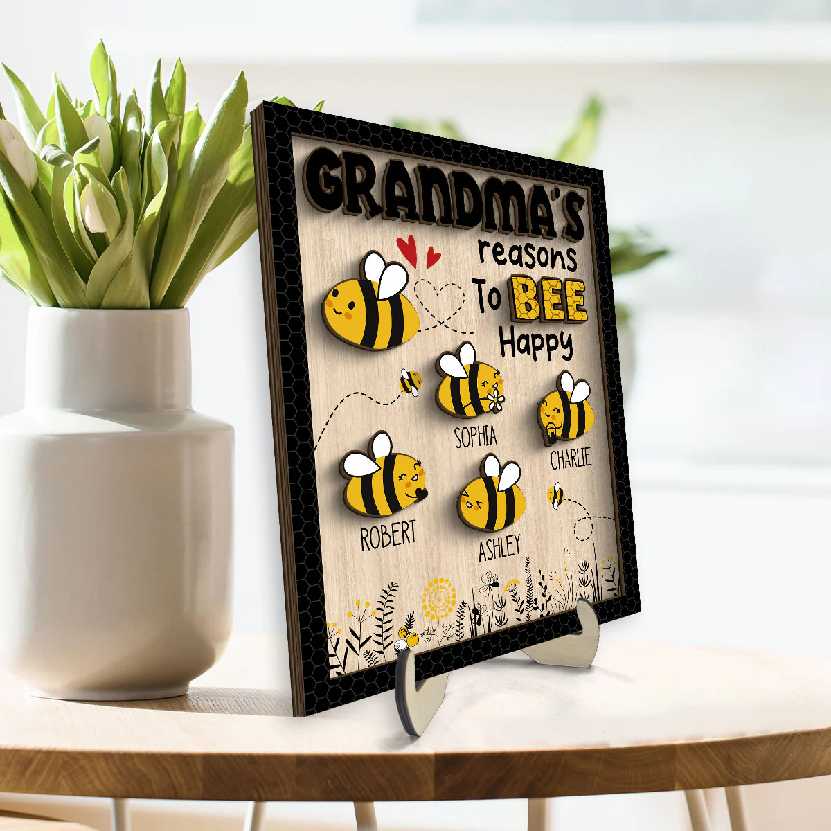 Grandma‘s Reason To Bee Happy Personalized 2-layer Wooden Plaque - Image 3