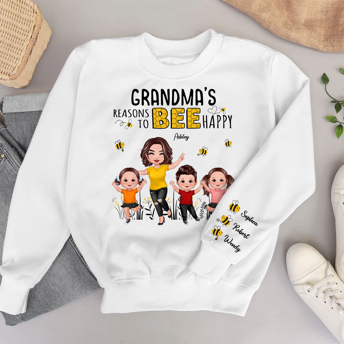 Grandma's Reasons To Be Happy Personalized Sleeved Printed Sweatshirt, Gift For Grandma - Image 5
