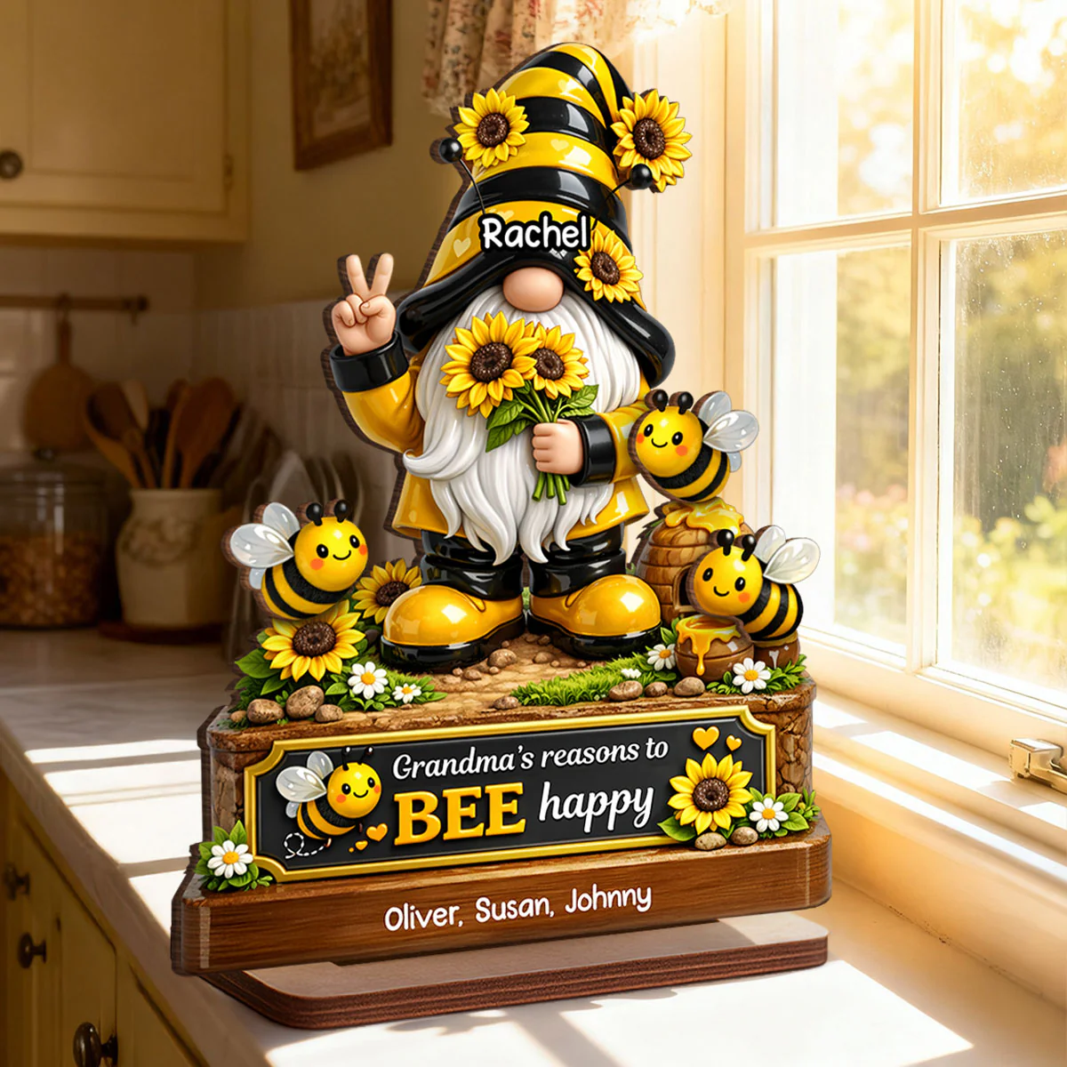 Grandma's Reasons to Bee Happy Cute Gnome - Personalized 2-Layered Wooden Plaque - Heartfelt Gift for Grandma - Image 2