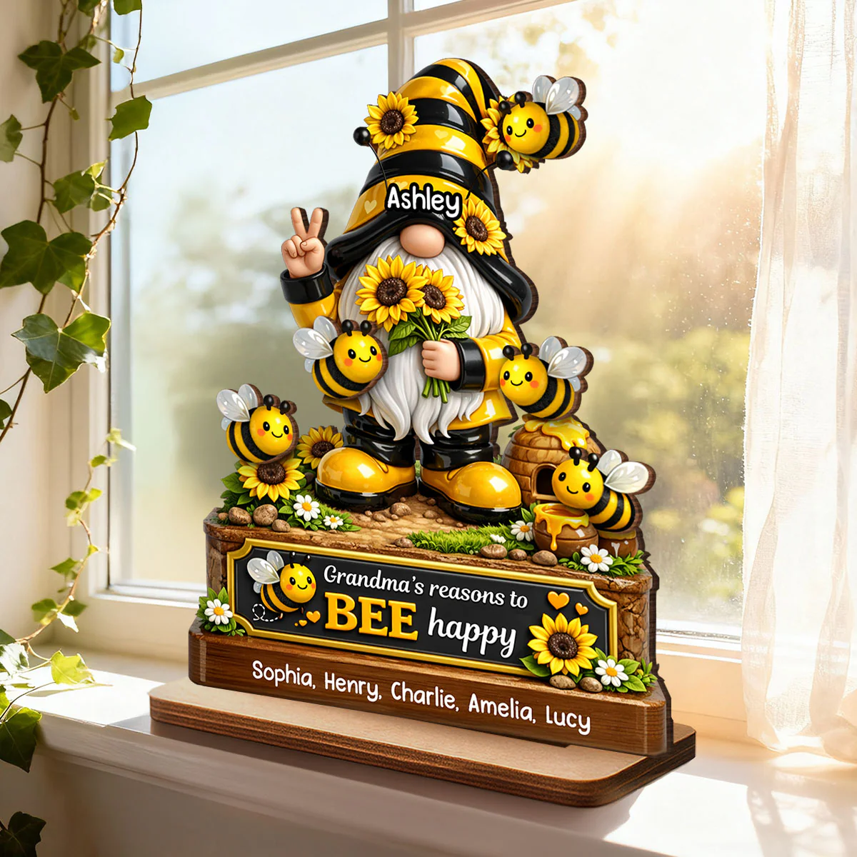 Grandma's Reasons to Bee Happy Cute Gnome - Personalized 2-Layered Wooden Plaque - Heartfelt Gift for Grandma - Image 3
