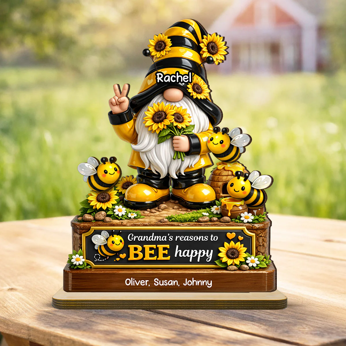 Grandma's Reasons to Bee Happy Cute Gnome - Personalized 2-Layered Wooden Plaque - Heartfelt Gift for Grandma - Image 4