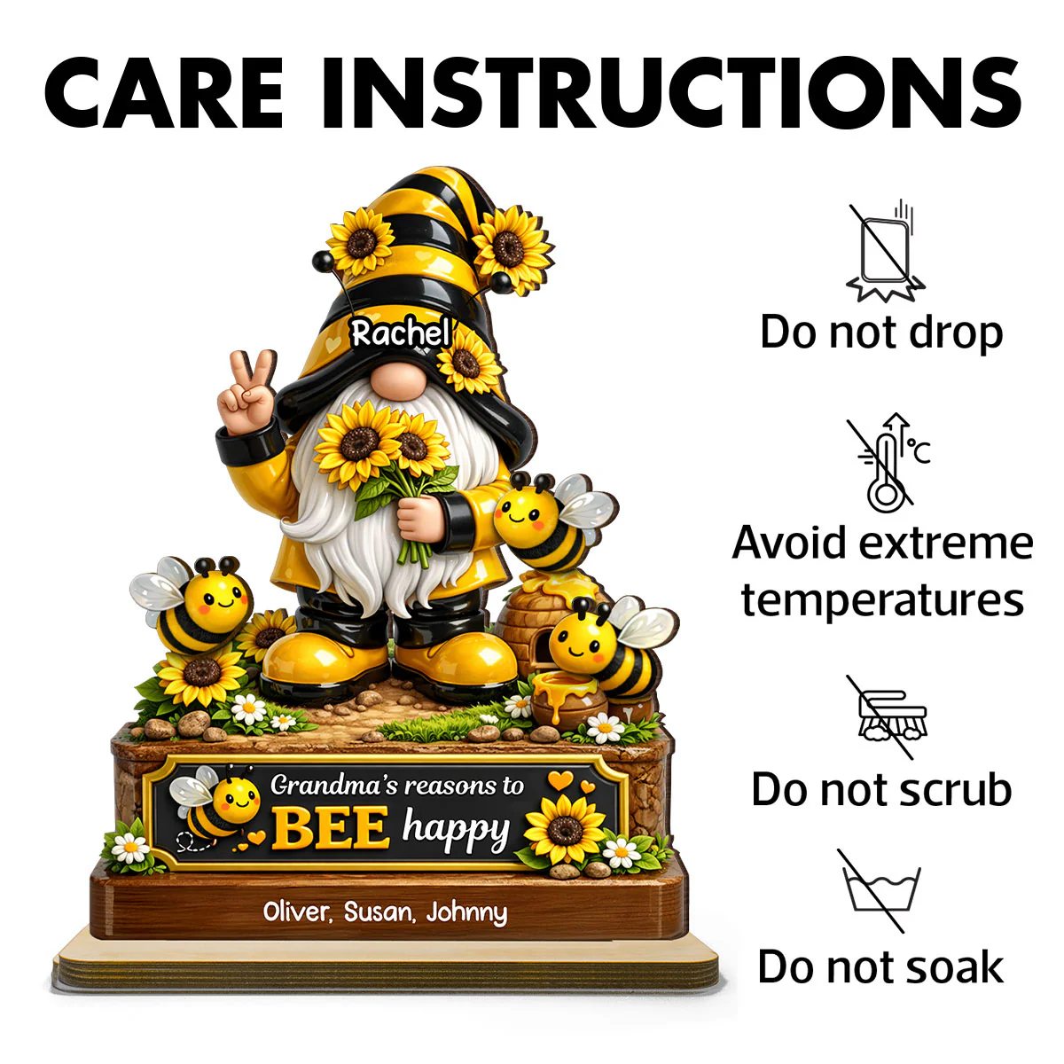 Grandma's Reasons to Bee Happy Cute Gnome - Personalized 2-Layered Wooden Plaque - Heartfelt Gift for Grandma - Image 7