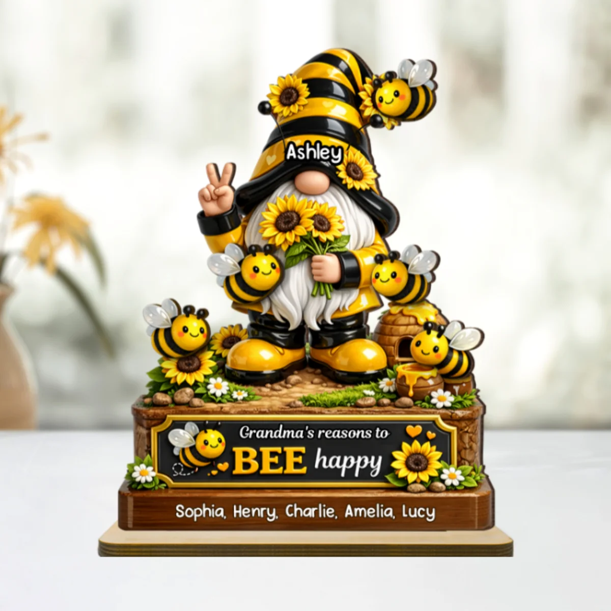Grandma's Reasons to Bee Happy Cute Gnome - Personalized 2-Layered Wooden Plaque - Heartfelt Gift for Grandma - Image 8