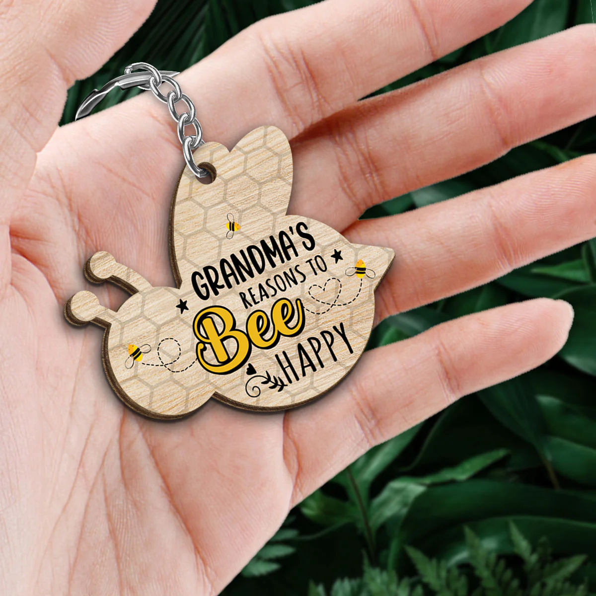 Grandma‘s Reasons To Bee Happy Personalized Wooden Keychain - Image 2