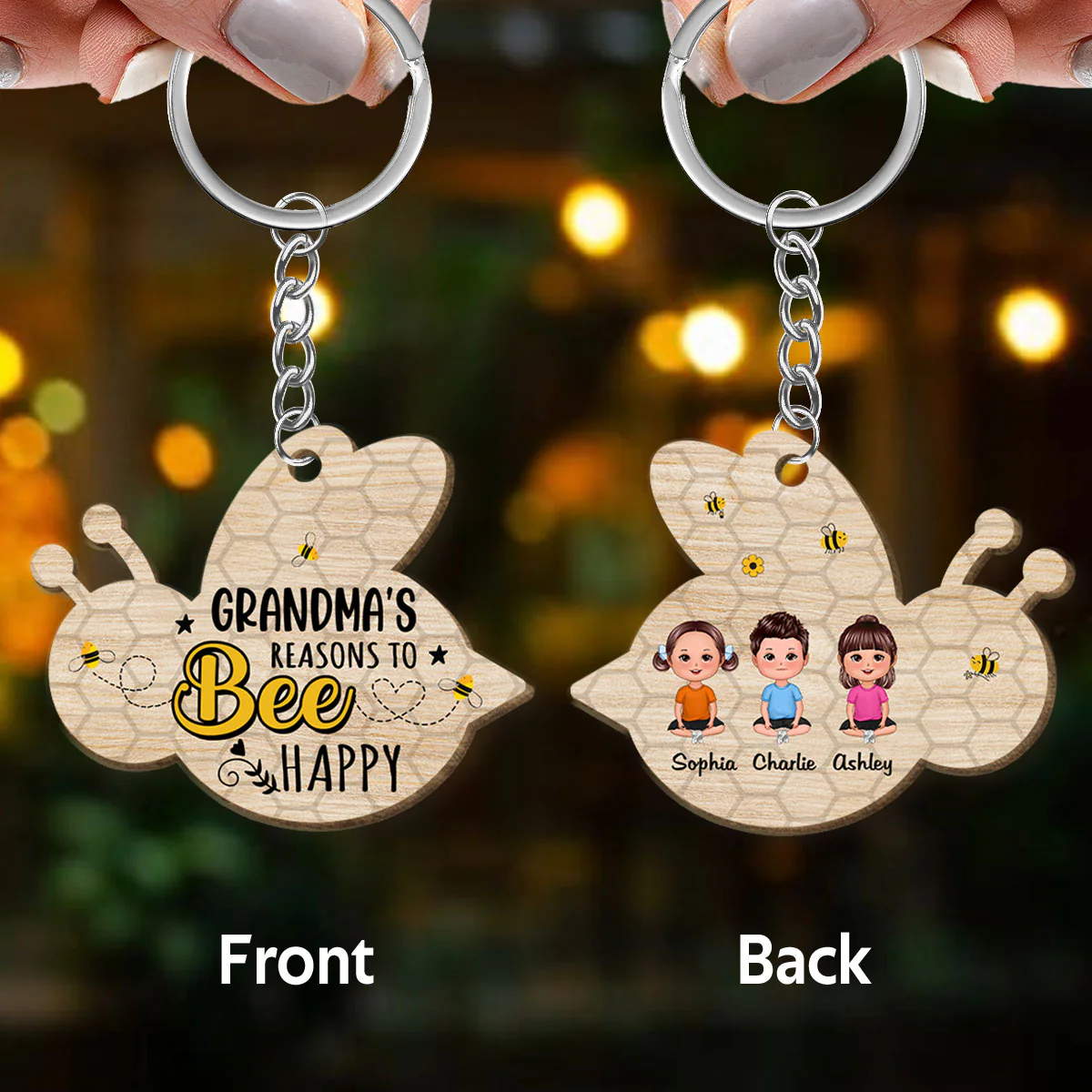 Grandma‘s Reasons To Bee Happy Personalized Wooden Keychain - Image 3