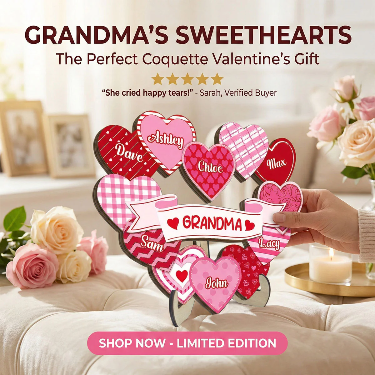 Grandma's Sweethearts Coquette Valentine's Day - Personalized 2-Layer Wooden Plaque - Home Decor Gift For Grandma - Image 4
