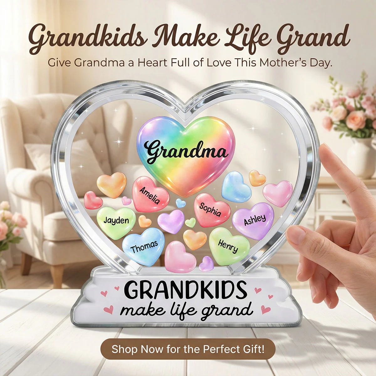 Grandma's Sweethearts In Heart 2D Flat - Personalized Acrylic Block Plaque - Heartfelt Mother's Day Gift For Grandma - Image 8