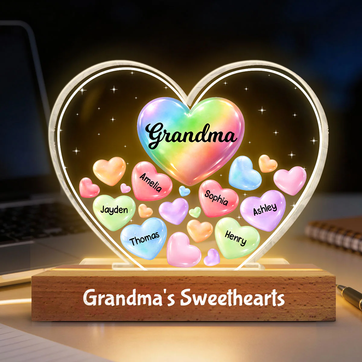 Grandma's Sweethearts In Heart - Personalized Acrylic Block Plaque LED Night Light - Gift For Grandma - Image 11
