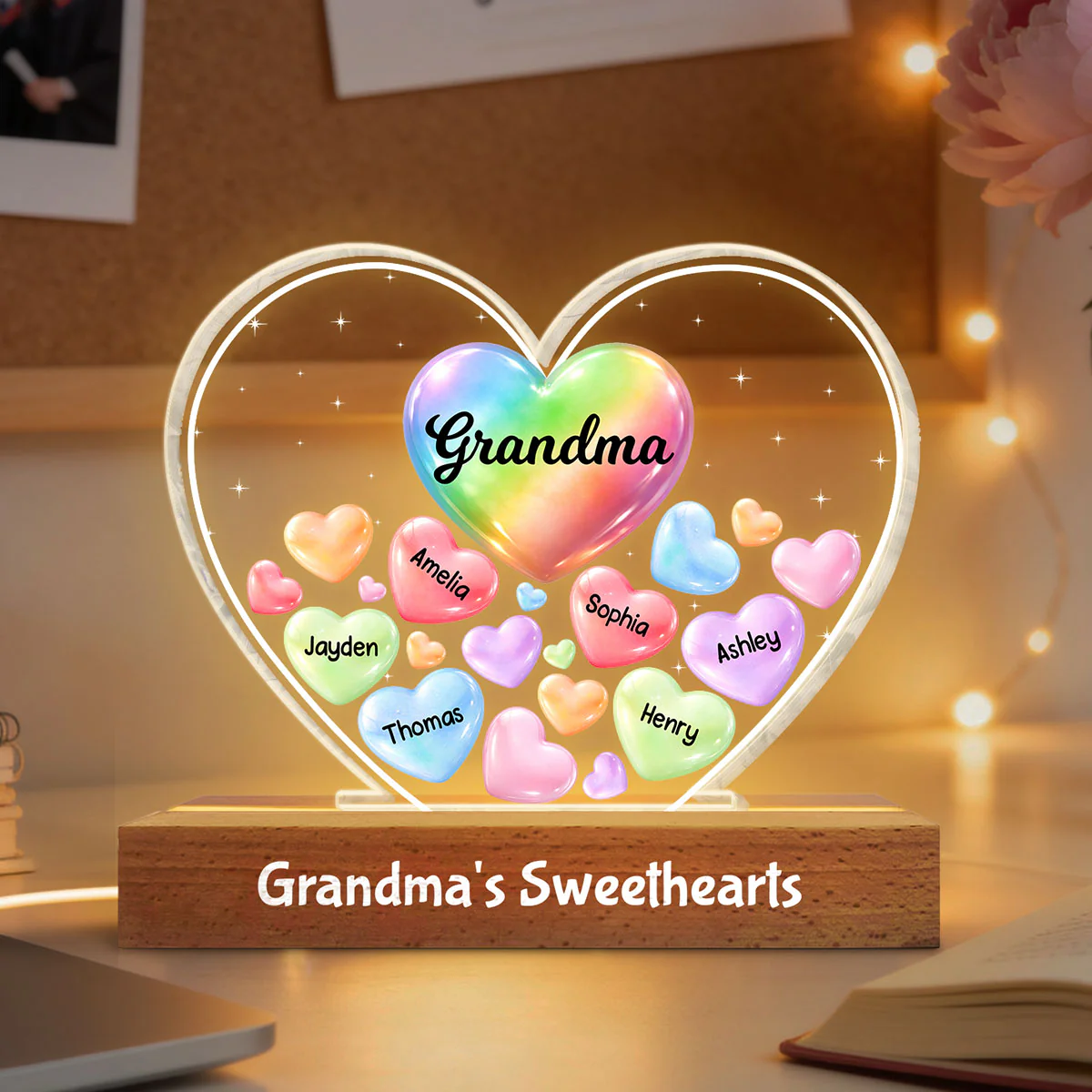 Grandma's Sweethearts In Heart - Personalized Acrylic Block Plaque LED Night Light - Gift For Grandma - Image 12