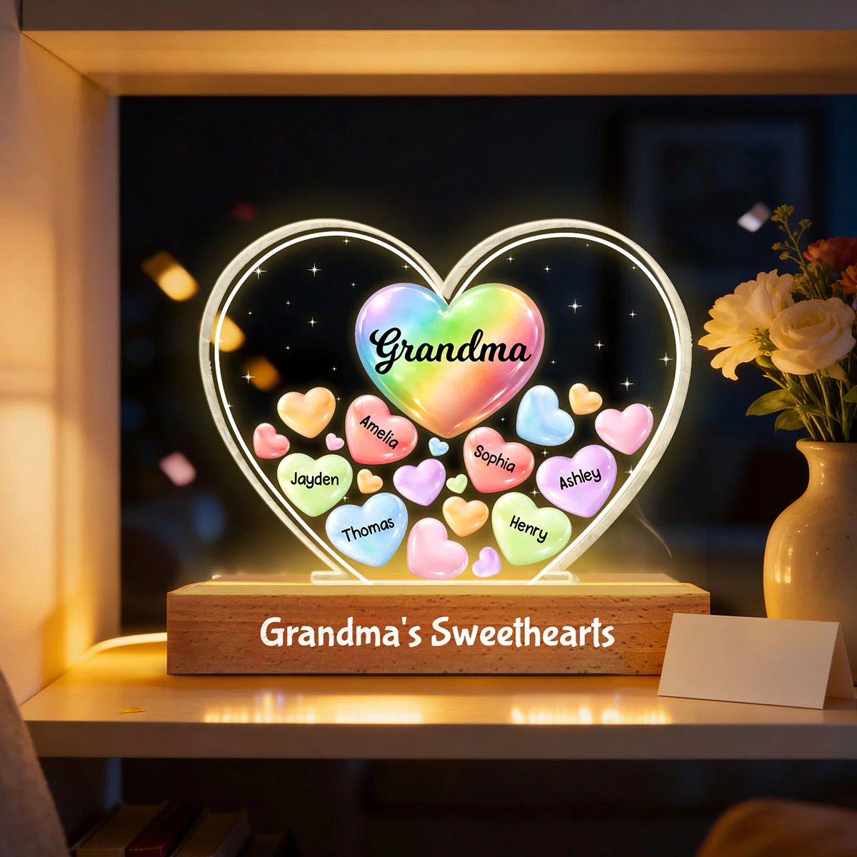 Grandma's Sweethearts In Heart - Personalized Acrylic Block Plaque LED Night Light - Gift For Grandma - Image 13