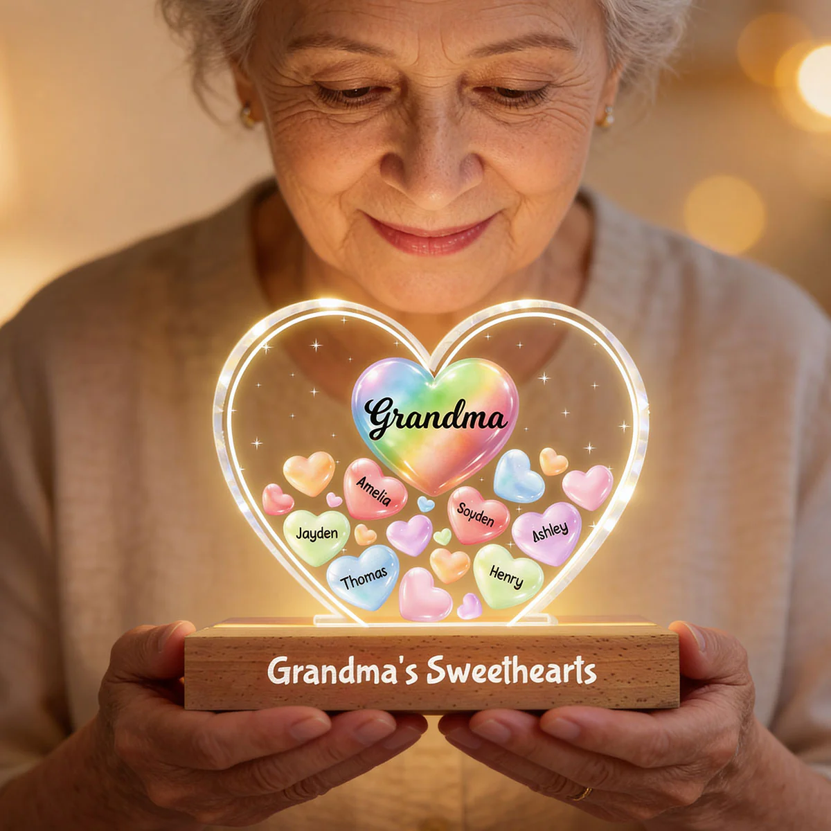 Grandma's Sweethearts In Heart - Personalized Acrylic Block Plaque LED Night Light - Gift For Grandma - Image 14