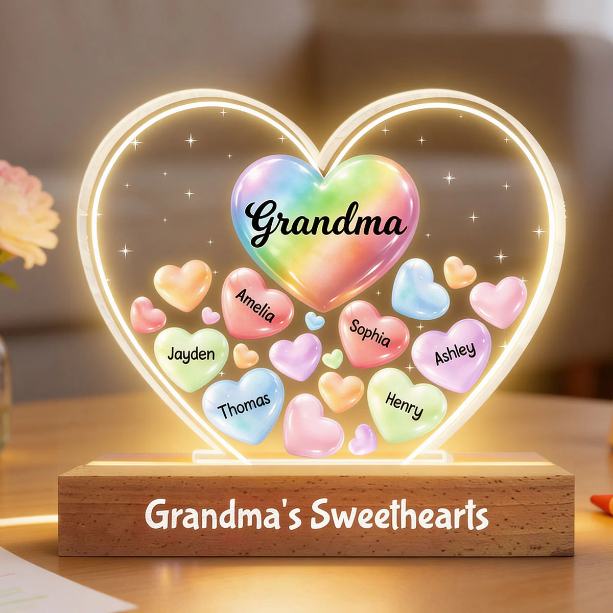 Grandma's Sweethearts In Heart - Personalized Acrylic Block Plaque LED Night Light - Gift For Grandma - Image 15