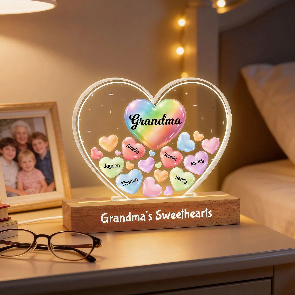Grandma's Sweethearts In Heart - Personalized Acrylic Block Plaque LED Night Light - Gift For Grandma - Image 2