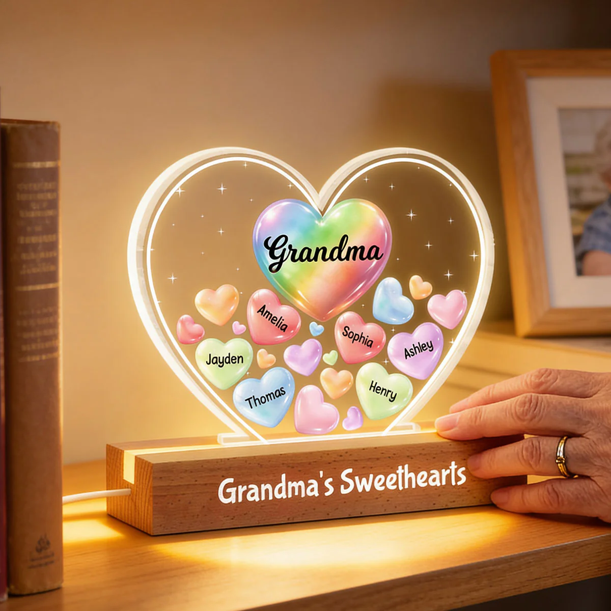 Grandma's Sweethearts In Heart - Personalized Acrylic Block Plaque LED Night Light - Gift For Grandma - Image 3