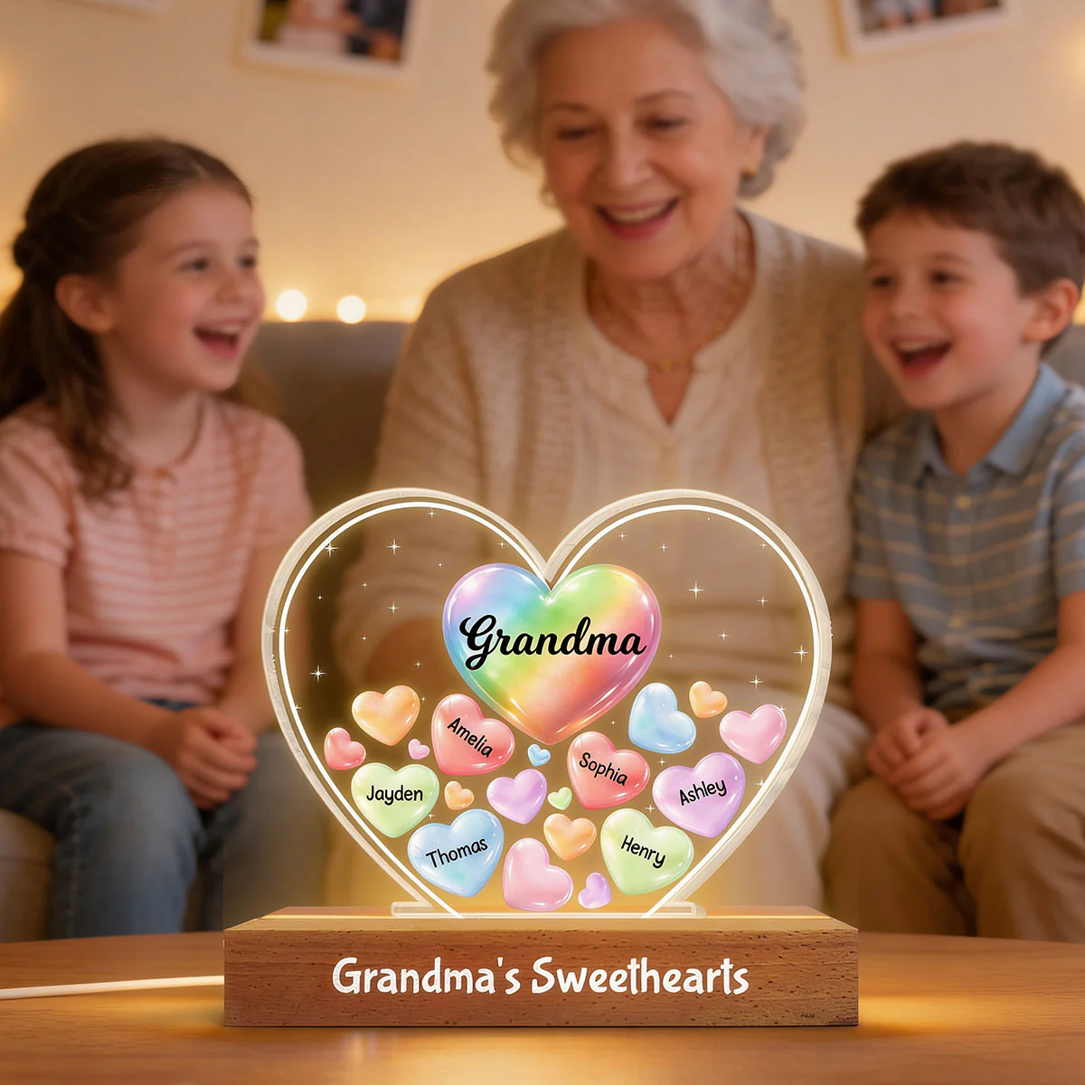 Grandma's Sweethearts In Heart - Personalized Acrylic Block Plaque LED Night Light - Gift For Grandma - Image 4