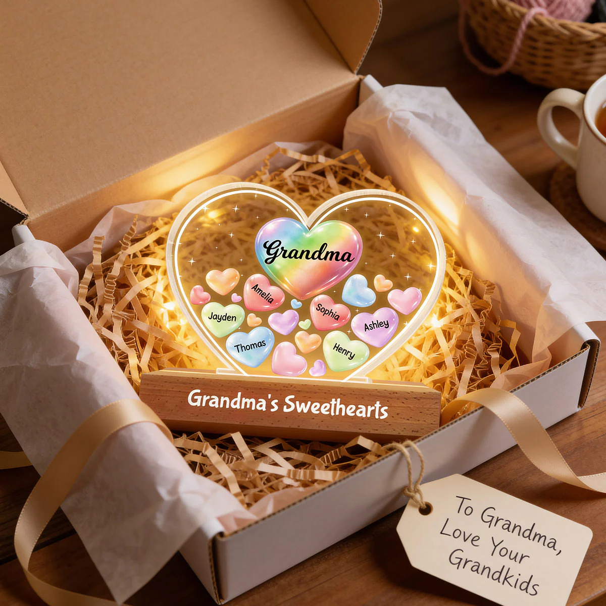 Grandma's Sweethearts In Heart - Personalized Acrylic Block Plaque LED Night Light - Gift For Grandma - Image 5