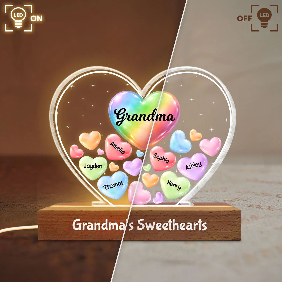 Grandma's Sweethearts In Heart - Personalized Acrylic Block Plaque LED Night Light - Gift For Grandma - Image 6