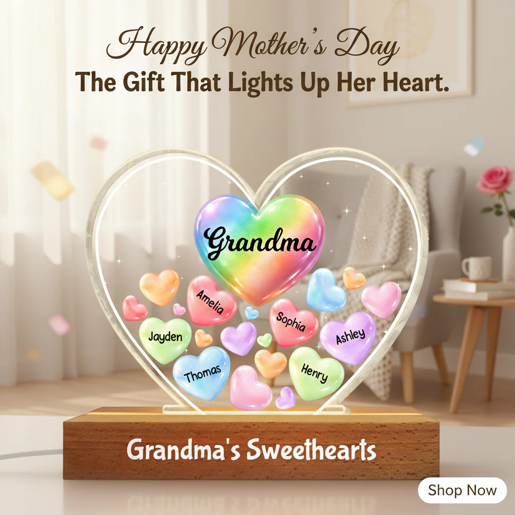 Grandma's Sweethearts In Heart - Personalized Acrylic Block Plaque LED Night Light - Gift For Grandma - Image 7